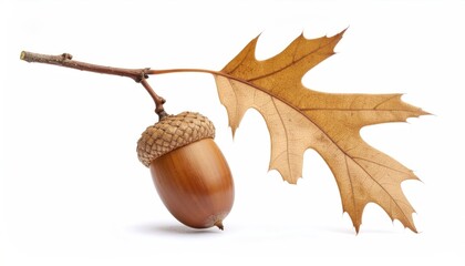Elegant Isolated Acorn with Oak Leaf and Twig Still Life Composition
