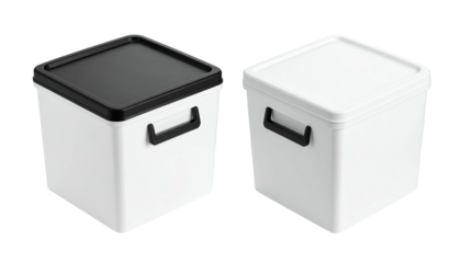 Two square storage bins, white with black or white lid