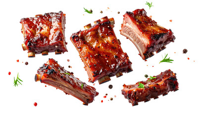Glossy, glazed pork ribs with herbs, on a dark background