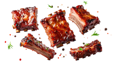 Glossy, glazed pork ribs with herbs, on a dark background