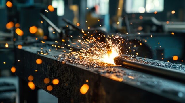 The sharp curve of a flame from a blowtorch heats metal in a workshop filled with tools sparks and intense focus