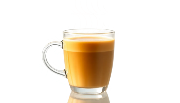 transparent glass coffee cup with hot latte inside, steam effect, soft golden reflection, clean minimal style, isolated transparent background, realistic light.
