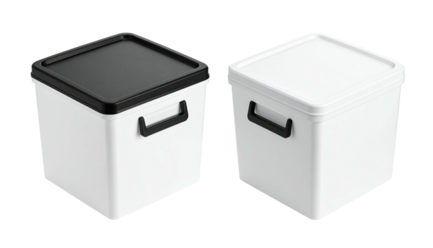 Two square storage bins, white with black or white lid