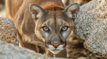 Mountain lion gazes intently while navigating rocky terrain showcasing its powerful presence.