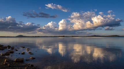 Fototapeta premium Soft hues of sunset create a magical scene of clouds and their reflections on a serene lake.