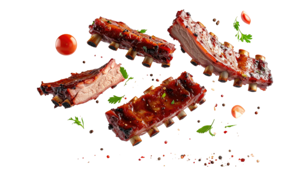 BBQ pork ribs levitating with herbs and pepper on black