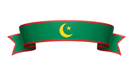 Waving ribbon banner featuring the mauritanian national flag with crescent moon and star symbol