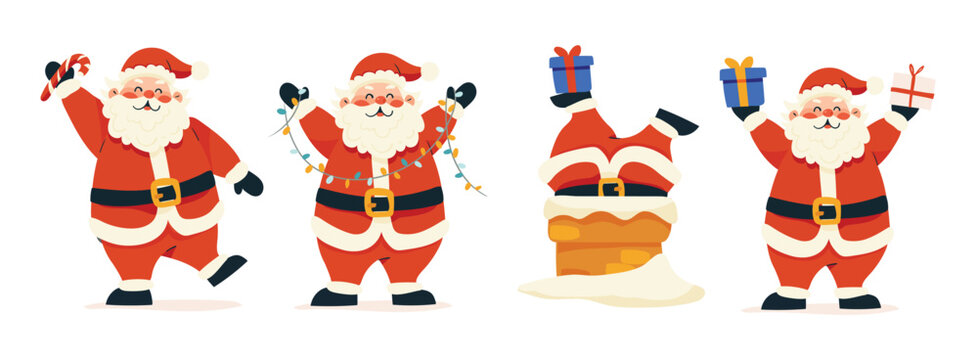 Santa Claus, a set of Christmas characters. Santa is dancing with gifts, stuck in a fireplace, and carrying sweets. Flat vector illustration isolated on a white background.