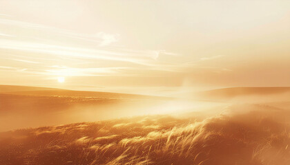 Golden hour sunbeams bathe rolling hills and windswept grass in warm, ethereal light, creating a serene, breathtaking natural panorama.