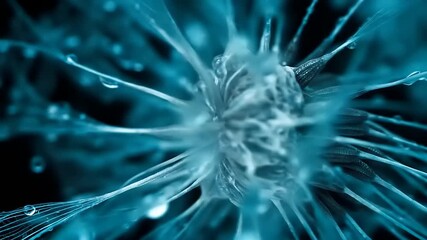 Macro shot of a dandelion seed head with glistening water droplets on a teal background - Powered by Adobe
