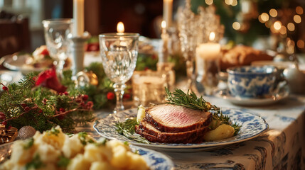 Naklejka premium A beautifully decorated christmas dinner table with roast beef and festive decorations abound