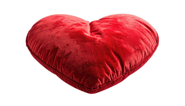 Lush red heart pillow isolated on black backdrop, softly lit