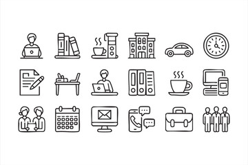 Clean line icons of documents, coffee, and people for corporate branding use