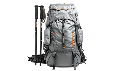 Grey backpack and trekking poles on black, outdoors adventure gear
