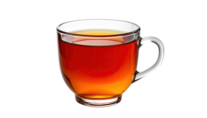 Clear mug filled with dark amber liquid set against black