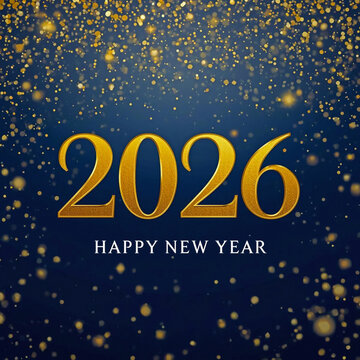 Large golden 2026 numerals and H A P Y N E W Y E A R text on dark blue background with confetti