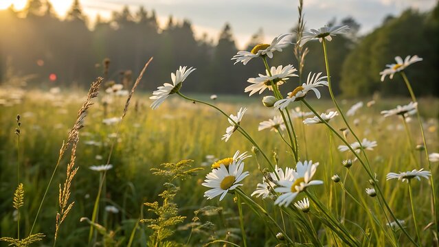 Sunlit meadow with daisies in the foreground and a forest in the background, creating a peaceful and idyllic summer scene
