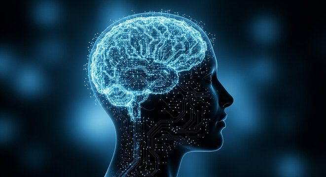 Abstract glowing blue digital brain in profile, representing artificial intelligence and neural networks