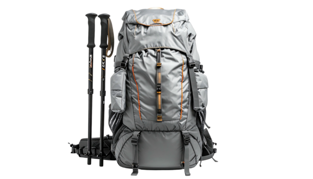 Grey backpack and trekking poles on black, outdoors adventure gear