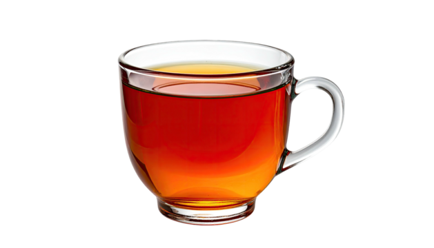 Clear mug filled with dark amber liquid set against black