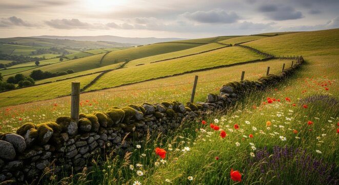 Rolling green hills, a stone wall lined with wildflowers under a cloudy sky