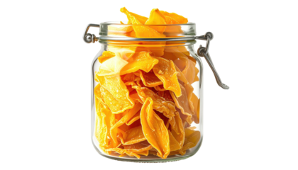 Dried mango slices fill a clear, hinged glass jar