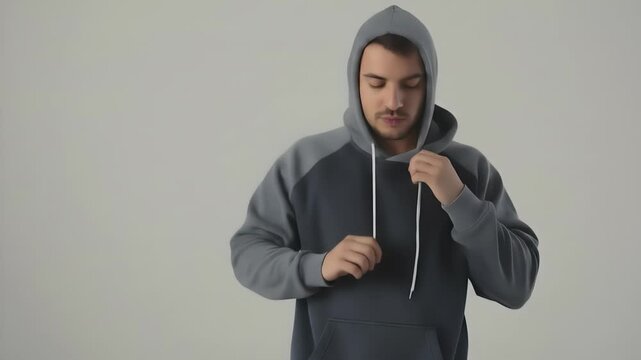 A young man with short brown hair and a light beard looks down as he adjusts the drawstring on his gray and dark gray hooded sweatshirt, posing against a plain light gray backdrop.