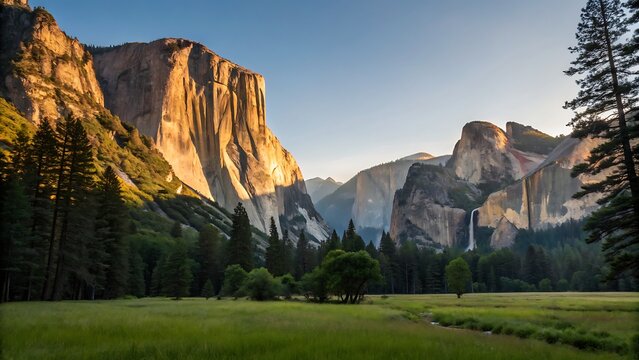 Majestic view of yosemite valley with el capitan and half dome bathed in golden light, surrounded by lush green meadows and towering pine trees - Powered by Adobe