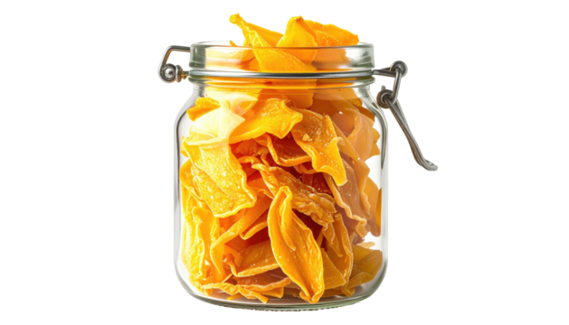 Dried mango slices fill a clear, hinged glass jar