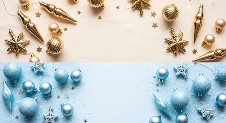 Teal Baubles and Golden Ribbons on White Marble Holiday Background

