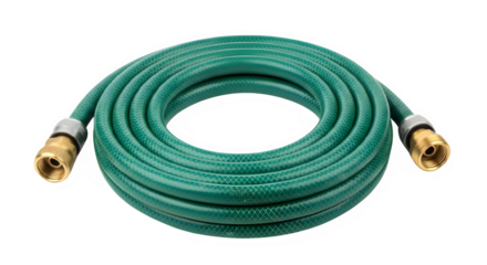 Coiled green garden hose with brass fittings ready for watering the garden lawns