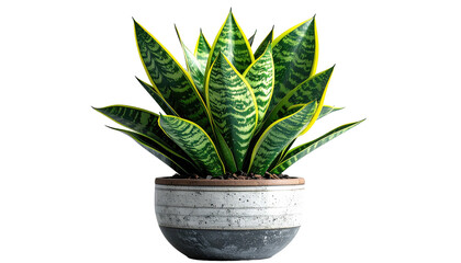 Snake plant in pot, variegated green leaves, black background