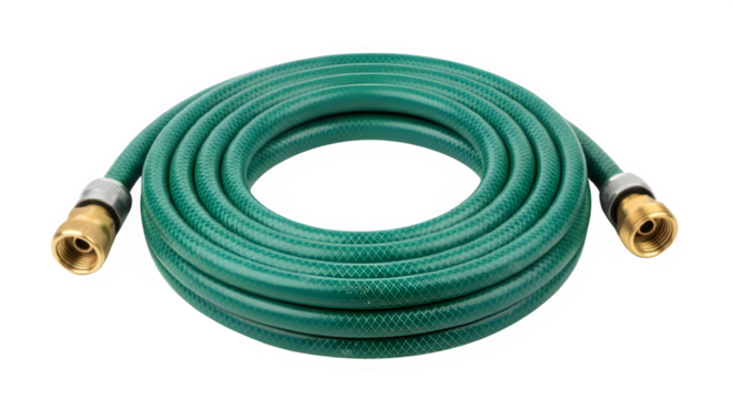 Coiled green garden hose with brass fittings ready for watering the garden lawns