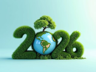 Green 2026 text with planet earth and tree symbolizing environmental protection