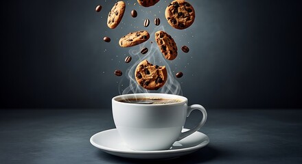 Chocolate chip cookies and coffee beans falling into a cup of coffee image photo