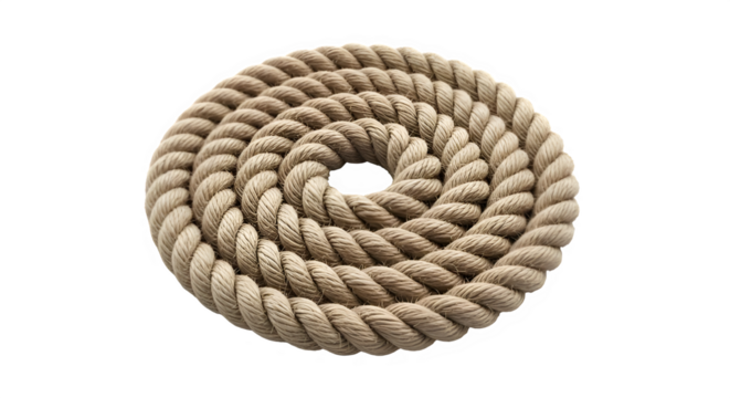 Detailed photographic close-up of a coiled rope on a black background, showcasing intricate details