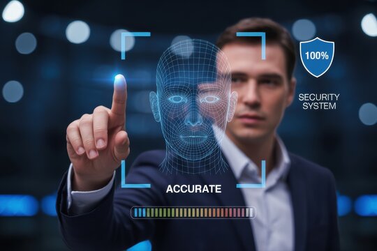 Man using face recognition technology with accurate security system interface in a digital environment