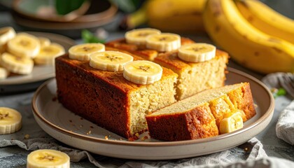 Delicious Golden Brown Banana Bread Loaf Topped With Sliced Bananas On A Rustic Plate With A Blurred Background Of Whole Bananas And Sliced Bananas Scattered Across A Gray Surface