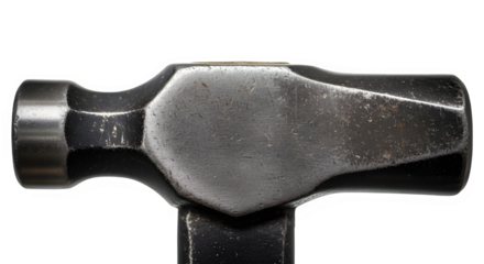Detailed close-up of a well-worn metal ball-peen hammer against a stark black backdrop showcasing