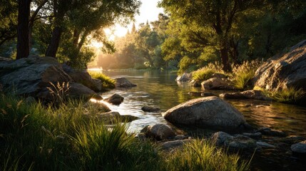 Morning light illuminates a calm riverbank filled with greenery and smooth rocks creating serenity.