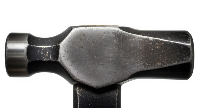 Detailed close-up of a well-worn metal ball-peen hammer against a stark black backdrop showcasing