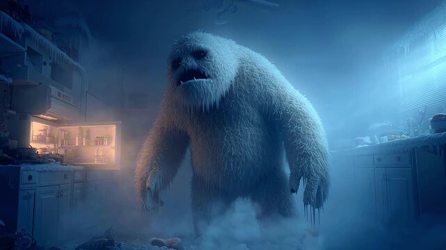 Mysterious Yeti Creature in Icy Kitchen - Fantasy and Mythical scene