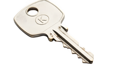 Isolated metal door key with k mark on black background providing security assurance