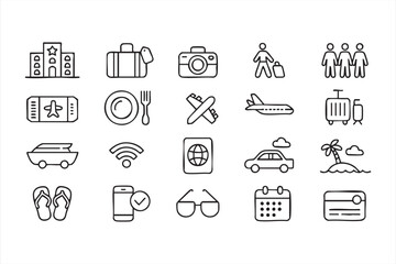 Black and white travel and vacation line icons for tourism and adventure design