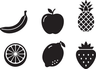 Black Silhouette Icons of Six Different Fruits Keywords: fruit, icons, silhouette, black, white