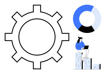 Gear for process, pie chart for analytics, person on blocks with laptop. Ideal for teamwork, strategy, data, growth, problem-solving productivity innovation. Simple flat metaphor