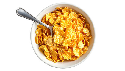 Corn flakes fill a white bowl, silver spoon inside, viewed above