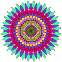 Colorful abstract circular pattern with radiating diamond shapes creating a psychedelic kaleidoscopic effect on a white background