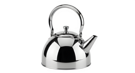 Elegant stainless steel kettle isolated on black background, reflecting light and modern design