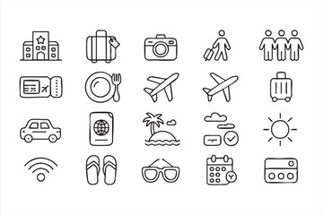 Clean outline icons representing tourism, vacation, and adventure themes
